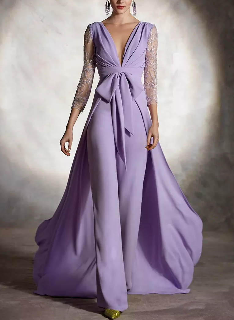 Jumpsuit/Pantsuit V-Neck Lace Sleeves Evening Dresses