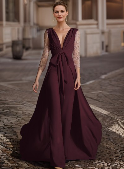 Jumpsuit/Pantsuit V-Neck Lace Sleeves Evening Dresses