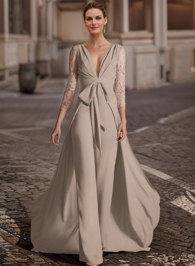 Jumpsuit/Pantsuit V-Neck Lace Sleeves Evening Dresses