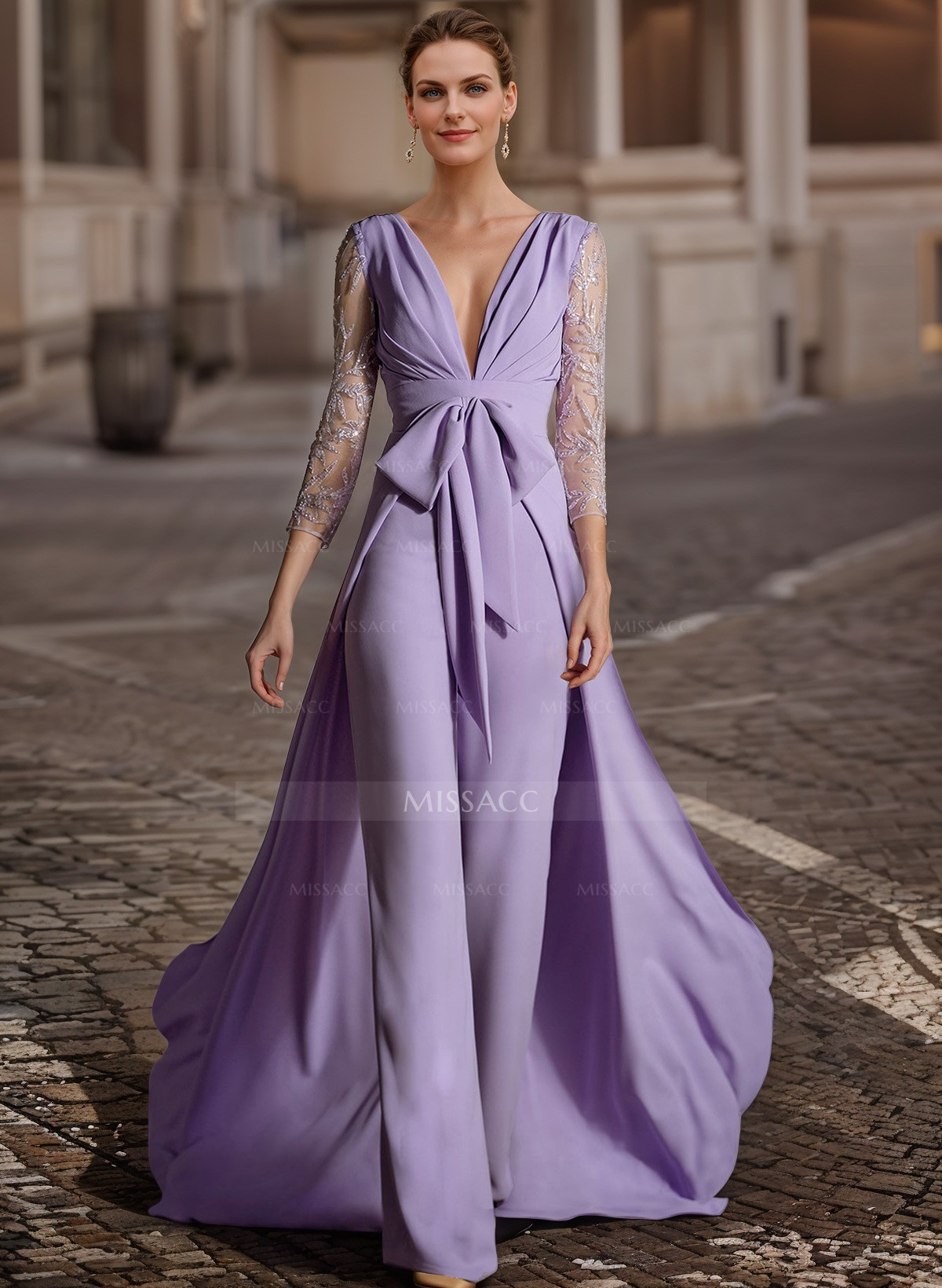 Jumpsuit/Pantsuit V-Neck Lace Sleeves Evening Dresses