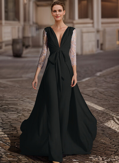 Jumpsuit/Pantsuit V-Neck Lace Sleeves Evening Dresses