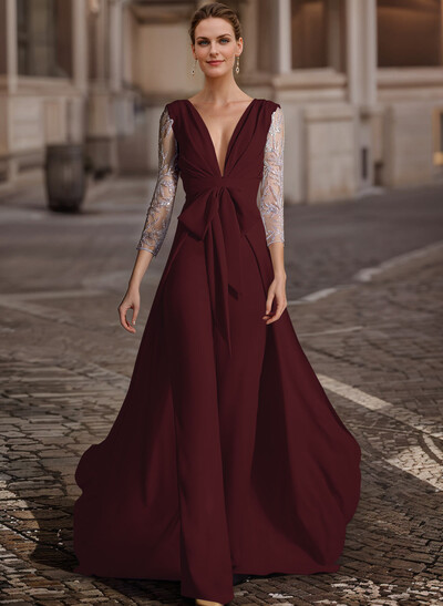 Jumpsuit/Pantsuit V-Neck Lace Sleeves Evening Dresses