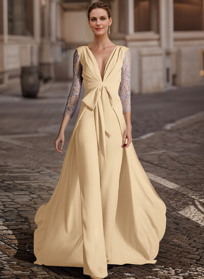 Jumpsuit/Pantsuit V-Neck Lace Sleeves Evening Dresses