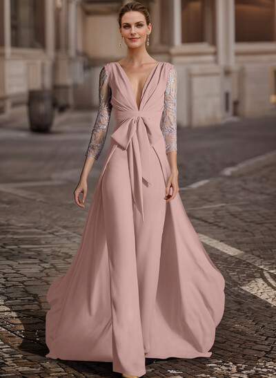 Jumpsuit/Pantsuit V-Neck Lace Sleeves Evening Dresses