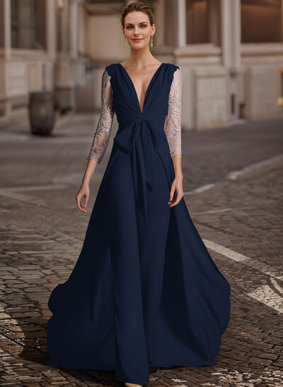 Jumpsuit/Pantsuit V-Neck Lace Sleeves Evening Dresses