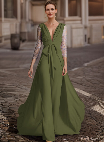 Jumpsuit/Pantsuit V-Neck Lace Sleeves Evening Dresses