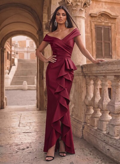 Cap Shoulder Sheath/Column Cascading Ruffles Evening Dresses
