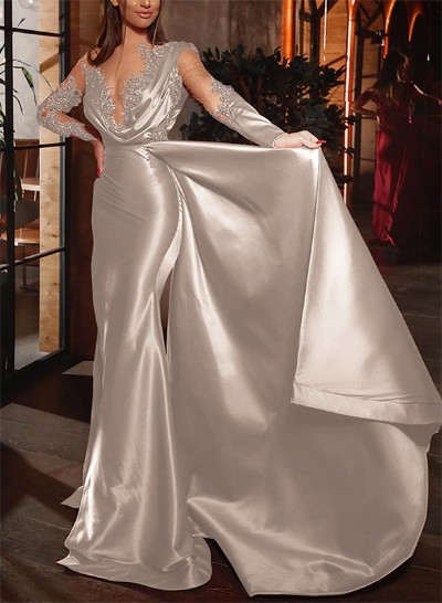 Long Sleeves Lace Cowl Neck Evening Dresses