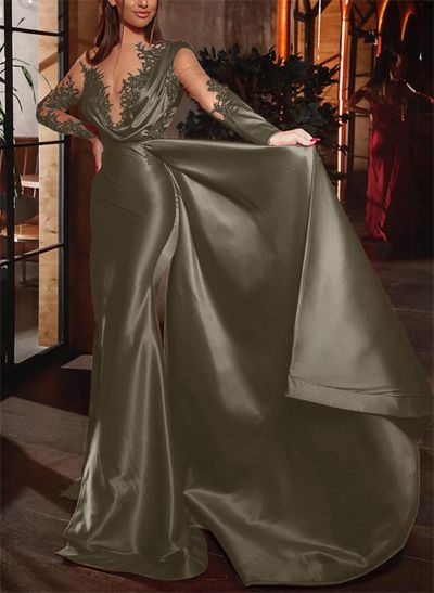 Long Sleeves Lace Cowl Neck Evening Dresses