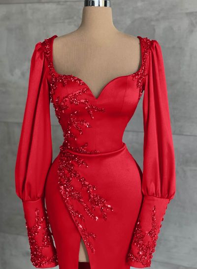 Sweetheart Long Sleeves Beading Prom Dresses With Split Front