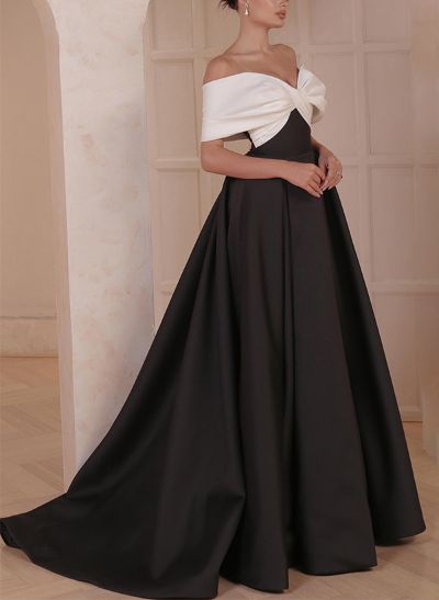 A-Line Off-The-Shoulder Sleeveless Sweep Train Satin Evening Dresses