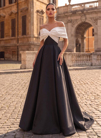 A-Line Off-The-Shoulder Sleeveless Sweep Train Satin Evening Dresses
