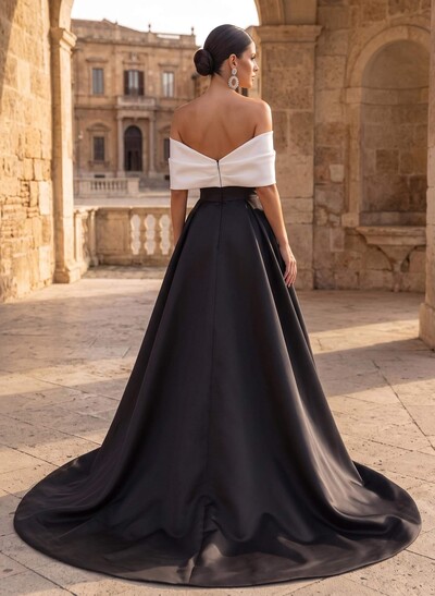 A-Line Off-The-Shoulder Sleeveless Sweep Train Satin Evening Dresses