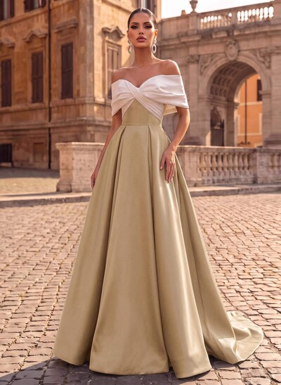 A-Line Off-The-Shoulder Sleeveless Sweep Train Satin Evening Dresses