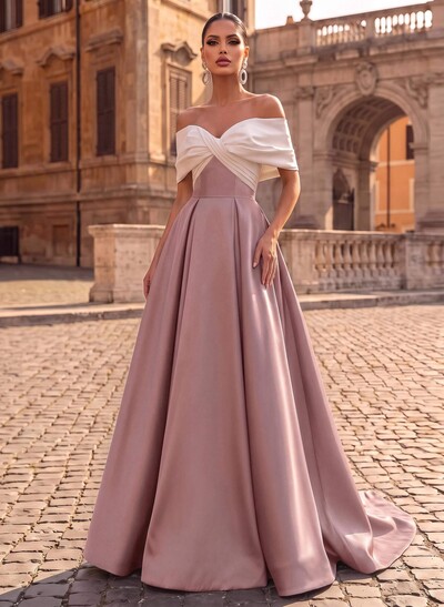 A-Line Off-The-Shoulder Sleeveless Sweep Train Satin Evening Dresses