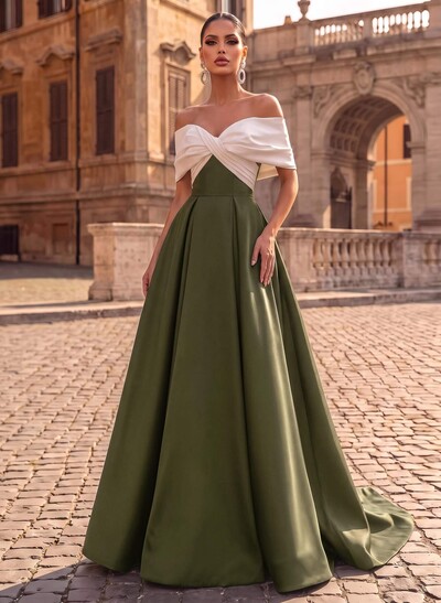 A-Line Off-The-Shoulder Sleeveless Sweep Train Satin Evening Dresses