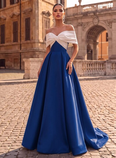 A-Line Off-The-Shoulder Sleeveless Sweep Train Satin Evening Dresses