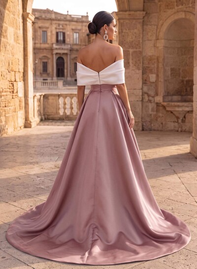 A-Line Off-The-Shoulder Sleeveless Sweep Train Satin Evening Dresses