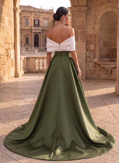 A-Line Off-The-Shoulder Sleeveless Sweep Train Satin Evening Dresses