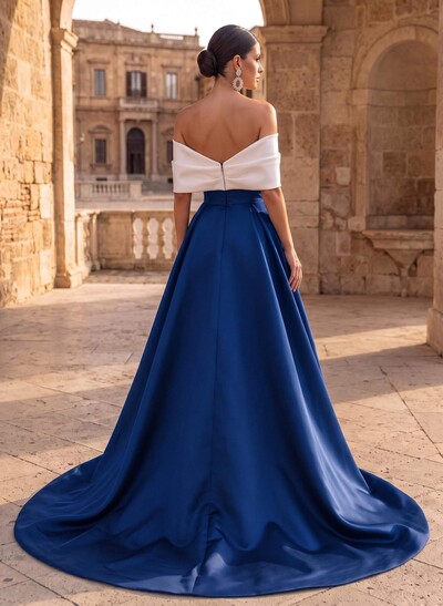 A-Line Off-The-Shoulder Sleeveless Sweep Train Satin Evening Dresses