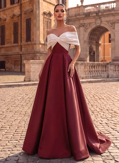 A-Line Off-The-Shoulder Sleeveless Sweep Train Satin Evening Dresses