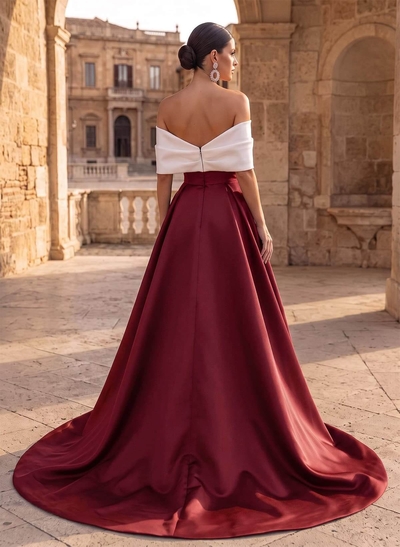 A-Line Off-The-Shoulder Sleeveless Sweep Train Satin Evening Dresses