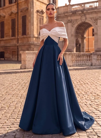 A-Line Off-The-Shoulder Sleeveless Sweep Train Satin Evening Dresses