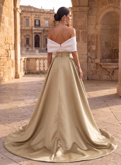A-Line Off-The-Shoulder Sleeveless Sweep Train Satin Evening Dresses