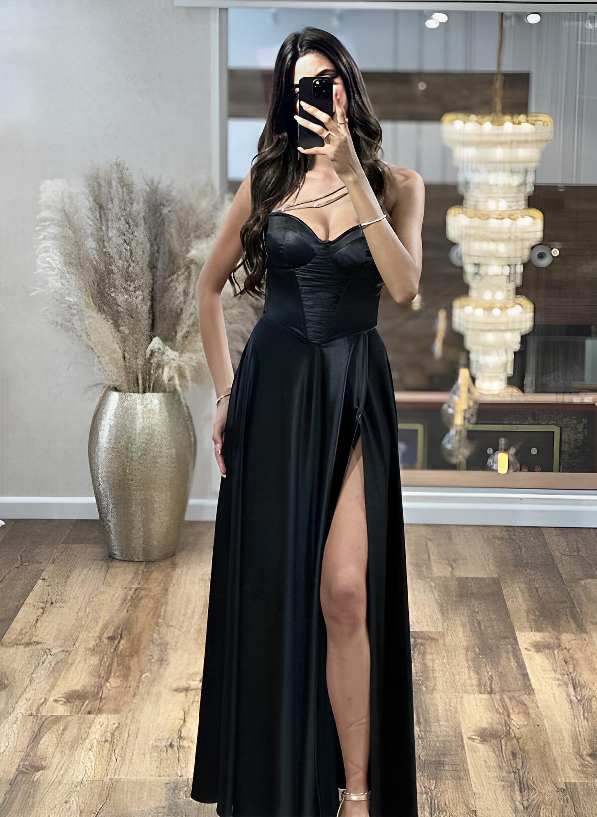 A-Line Sleeveless Floor-Length Charmeuse Evening Dresses With Split Front
