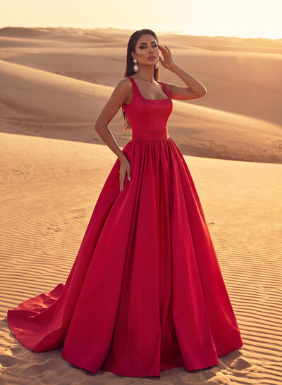 Square Neckline Satin A-Line Evening Dresses