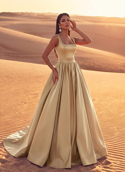 Square Neckline Satin A-Line Evening Dresses