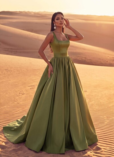 Square Neckline Satin A-Line Evening Dresses