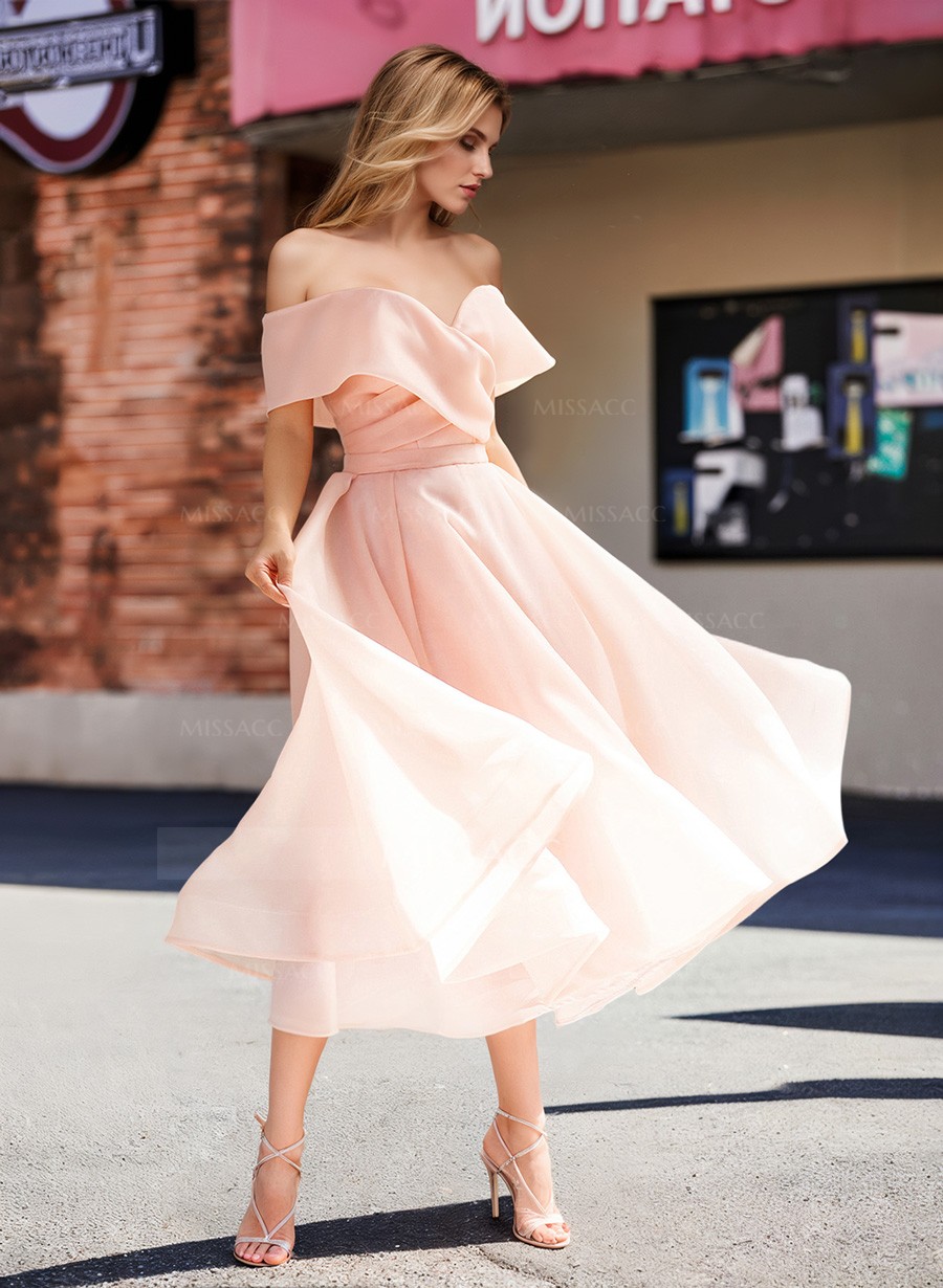 Off-The-Shoulder Tea-Length Organza Evening Dresses