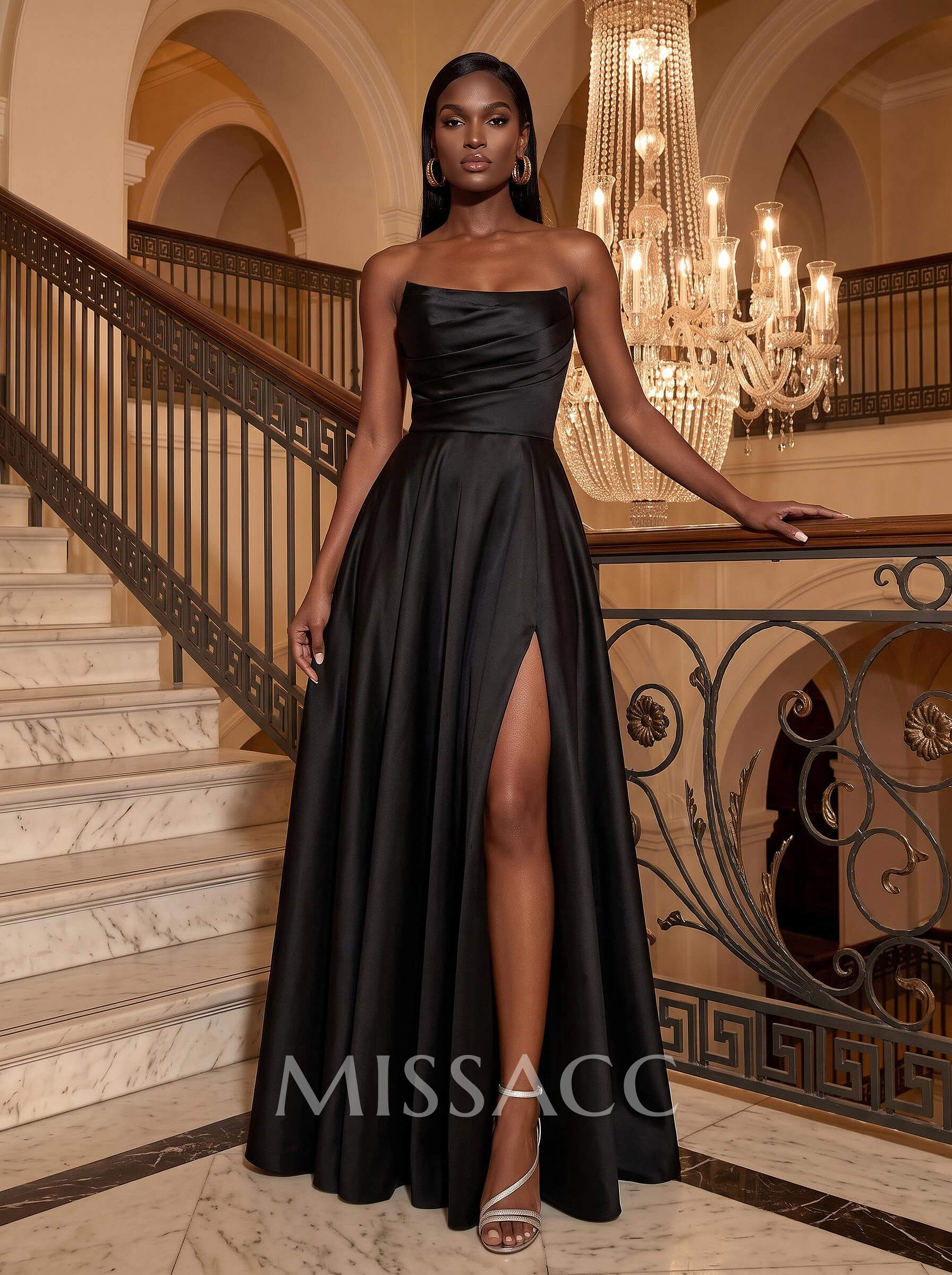 Strapless A-Line Satin Slit Evening Dresses Strapless A-Line Satin Slit Evening Dresses