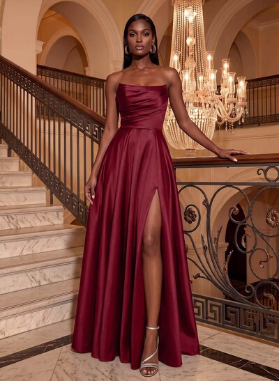 Strapless A-Line Satin Slit Evening Dresses
