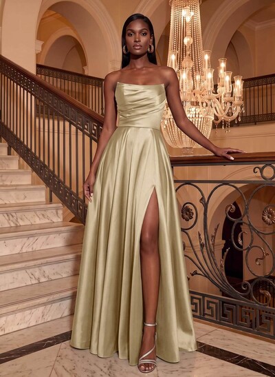 Strapless A-Line Satin Slit Evening Dresses