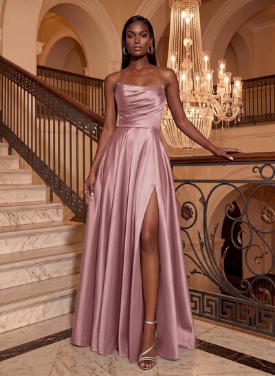 Strapless A-Line Satin Slit Evening Dresses