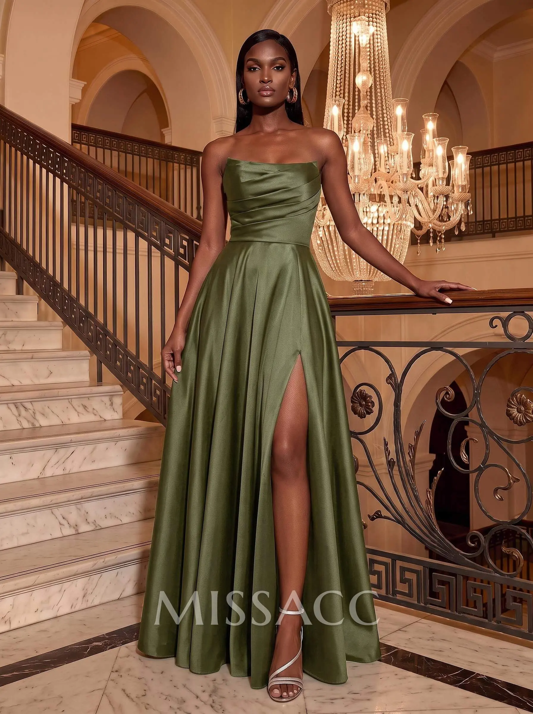 Strapless A-Line Satin Slit Evening Dresses