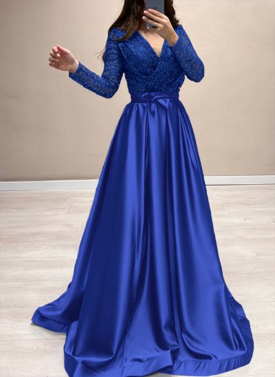 Sequined V-Neck Long Sleeves A-Line Evening Dresses