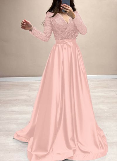 Sequined V-Neck Long Sleeves A-Line Evening Dresses