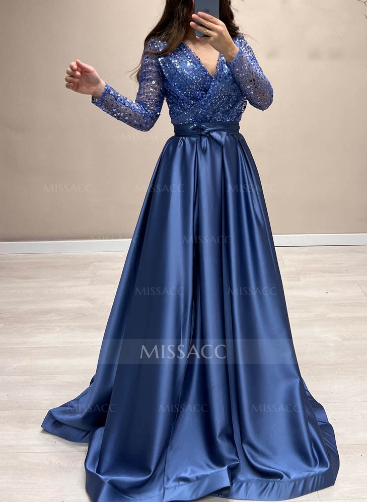 Sequined V-Neck Long Sleeves A-Line Evening Dresses