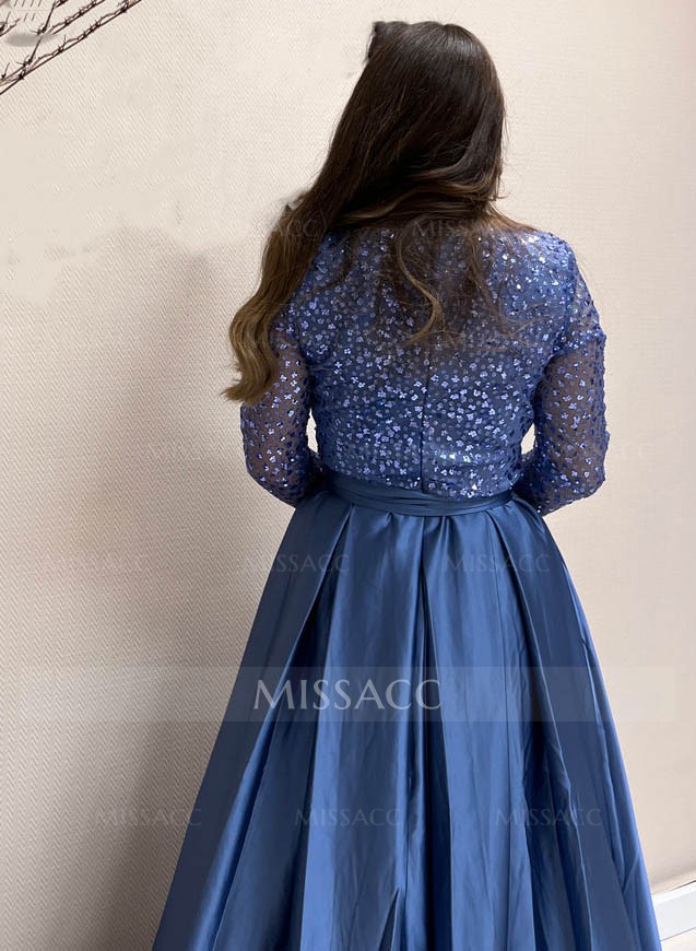 Sequined V-Neck Long Sleeves A-Line Evening Dresses