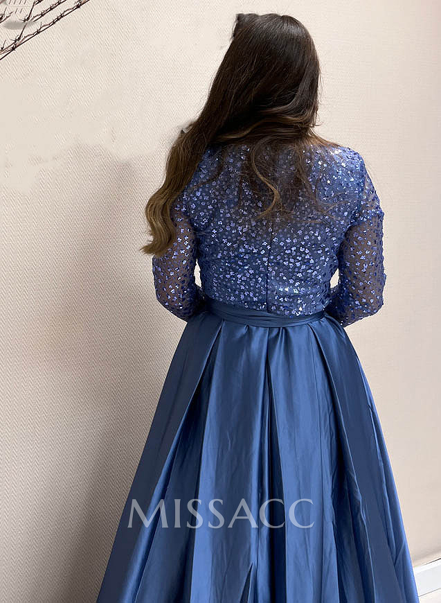Sequined V-Neck Long Sleeves A-Line Evening Dresses