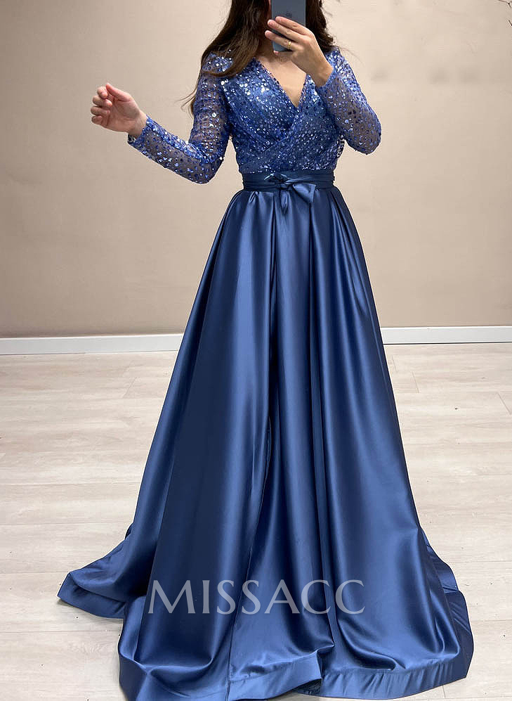 Sequined V-Neck Long Sleeves A-Line Evening Dresses