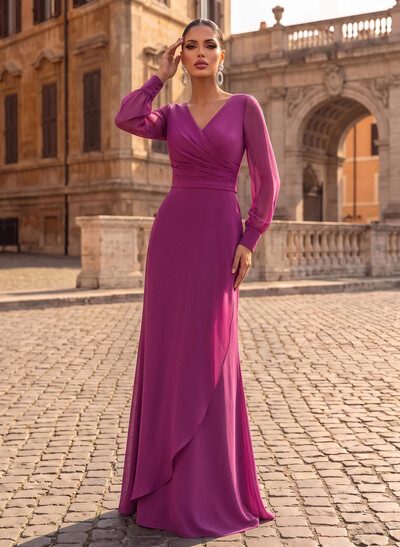 Sheath/Column V-Neck Long Sleeves Sweep Train Chiffon/Elastic Satin Evening Dresses