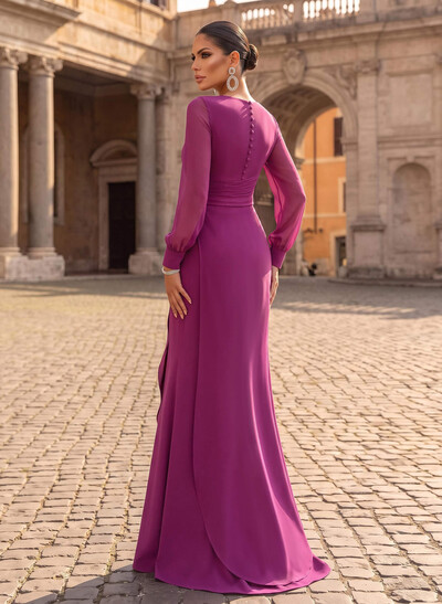 Sheath/Column V-Neck Long Sleeves Sweep Train Chiffon/Elastic Satin Evening Dresses