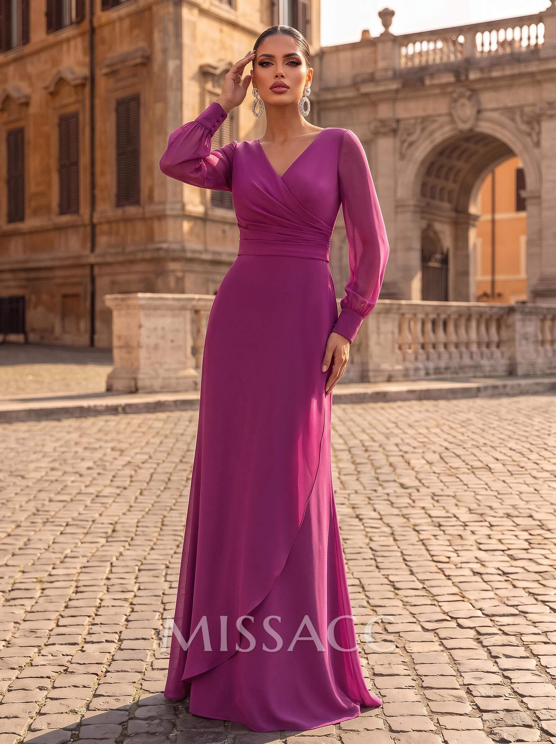 Sheath/Column V-Neck Long Sleeves Sweep Train Chiffon/Elastic Satin Evening Dresses