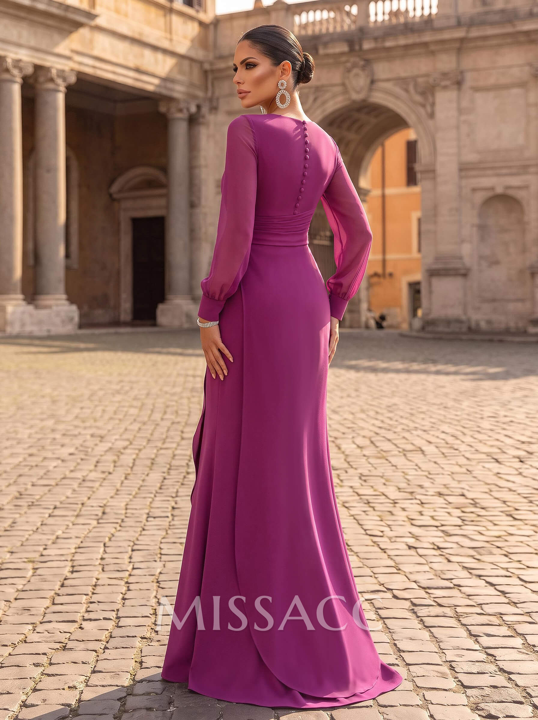 Sheath/Column V-Neck Long Sleeves Sweep Train Chiffon/Elastic Satin Evening Dresses