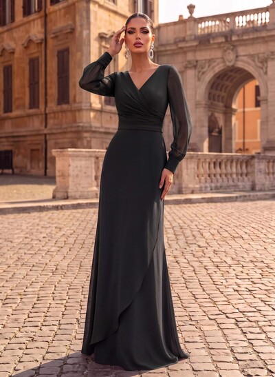 Column/Sheath V-Neck Long Sleeve Sweep Train Chiffon And Stretch Satin Evening Gowns