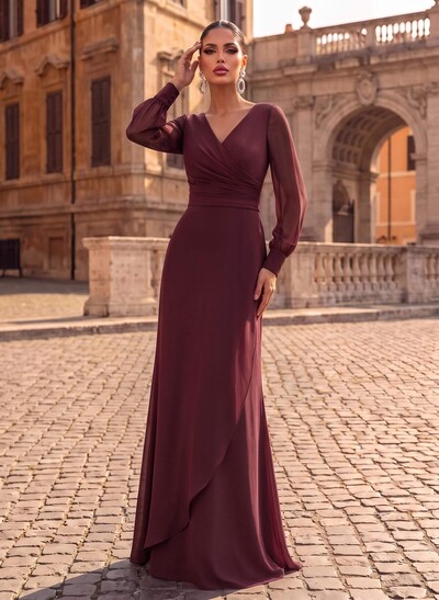 Sheath/Column V-Neck Long Sleeves Sweep Train Chiffon/Elastic Satin Evening Dresses